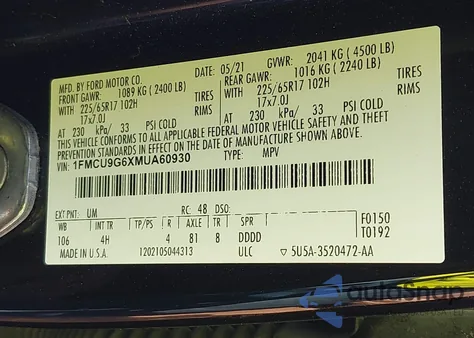 2021 Ford Escape Se z USA, uszkodzony, nr VIN 1FMCU9G6XMUA60930